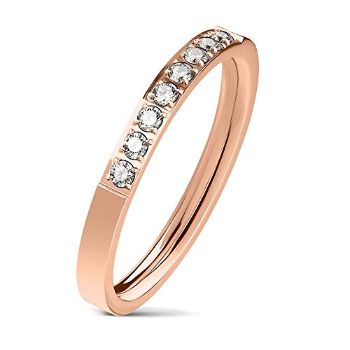 Bungsa® Anillo de mujer estrecho con 8 cristales de acero inoxidable, plata, oro u oro rosa., Acero inoxidable, Crystal,