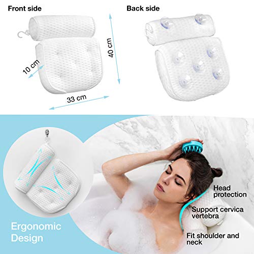 BUONSON Almohada de baño 4D con cepillo de masaje reposacabezas con 7 ventosas antideslizantes cojín ergonómico de lujo para cabeza cuello hombros accesorio para todas las bañeras