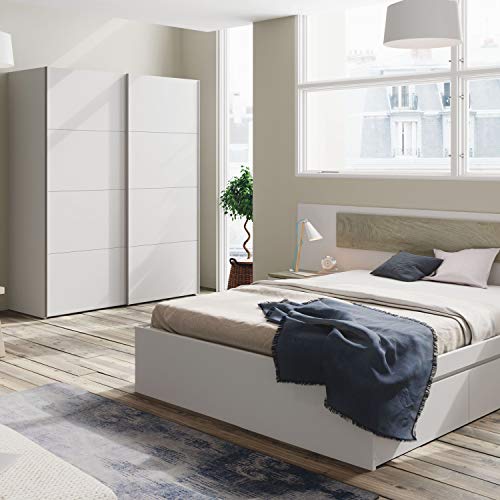 Cabezal y 2 Mesitas de Noche, Cabecero y Mesitas, Modelo Aikos, Acabado en Blanco Artik y Roble Alaska, Medidas: 263 cm (Largo) x 92 cm (Alto) x 34 cm (Fondo)