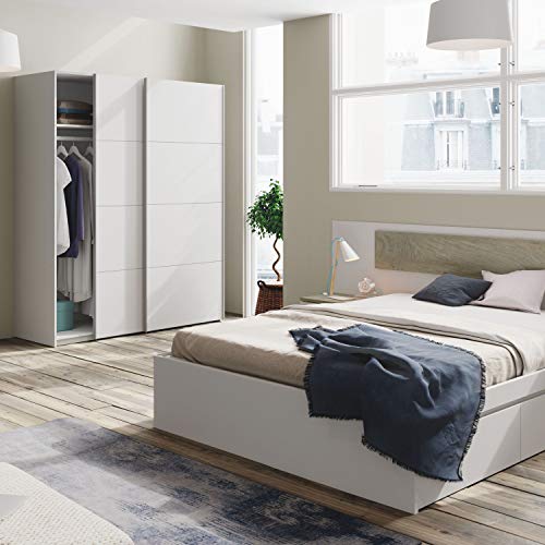 Cabezal y 2 Mesitas de Noche, Cabecero y Mesitas, Modelo Aikos, Acabado en Blanco Artik y Roble Alaska, Medidas: 263 cm (Largo) x 92 cm (Alto) x 34 cm (Fondo)