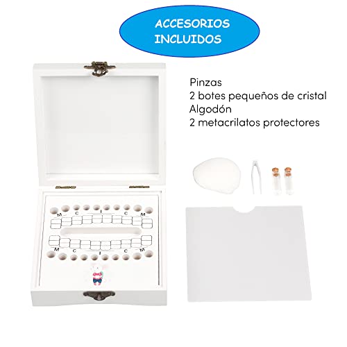Caja para Guardar Dientes de Leche Ratoncito Pérez - Español - Niño y niña - Madera Blanca - 16x16cm - Diseño a Color Ratón Exclusivo