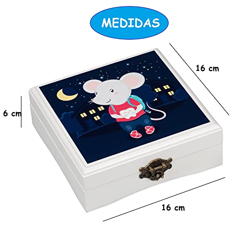 Caja para Guardar Dientes de Leche Ratoncito Pérez - Español - Niño y niña - Madera Blanca - 16x16cm - Diseño a Color Ratón Exclusivo