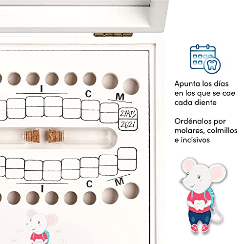 Caja para Guardar Dientes de Leche Ratoncito Pérez - Español - Niño y niña - Madera Blanca - 16x16cm - Diseño a Color Ratón Exclusivo