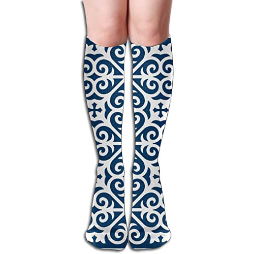 Calcetines altos a la rodilla,Patrón de cruz de desplazamiento de corazón en azul marino y blanco,Calcetines estampados casuales de media pantorrilla calcetines de tubo largo para hombres y mujeres