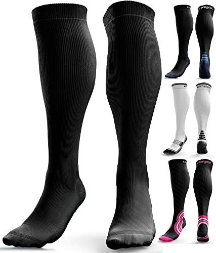 Calcetines de Compresión para Hombres y Mujeres - Medias de Compresion para Deporte - Maratones - Enfermeras - Estrés tibial Interior - Durante Embarazo (XXL (44-49), Negro (sin logotipo))