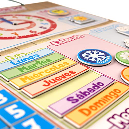 Calendario Reloj Magnético Infantil, Juego Educativo Fecha Tiempo y Hora para Pared o Frigorífico, 43x32cm. Caja Cumpleaños de niños en Colegio o Guarderí (Español)