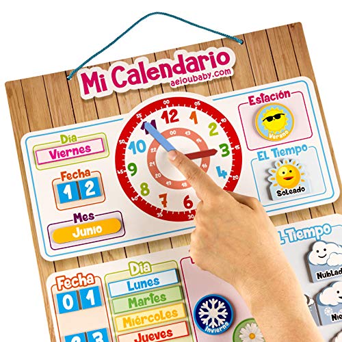 Calendario Reloj Magnético Infantil, Juego Educativo Fecha Tiempo y Hora para Pared o Frigorífico, 43x32cm. Caja Cumpleaños de niños en Colegio o Guarderí (Español)