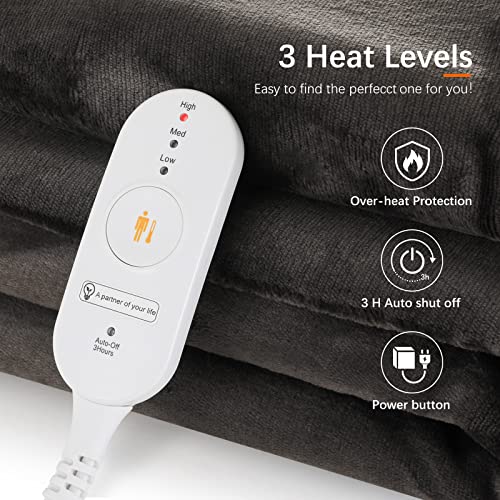 Calienta Cama, Manta Eléctrica de Franela, Manta Térmica, Lavable, con Apagado Automático, Temporizador, Protección contra Sobrecalentamiento, Temperatura Ajustable, Interruptor Extraíble, 180*130 cm