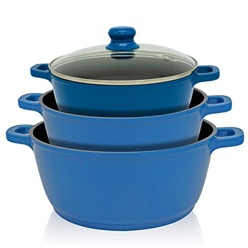 Callaway Indigo Batería Cocina Inducción 7 Piezas Aluminio Fundido Antiadherente, Set Cazuelas Tapas Cristal, Sartenes, Cazo, Gran Espesor, Vitrocerámica, Gas