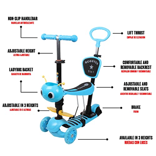 Calma Dragon JC210, Patinete para Niños, Scooter con 3 Ruedas, 5 en 1, con Asiento extraíble, Manillar, Mango de Empuje, Altura Ajustable, Monopatín para niños de 1 a 9 años (Azul)