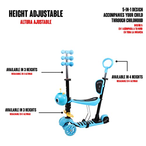 Calma Dragon JC210, Patinete para Niños, Scooter con 3 Ruedas, 5 en 1, con Asiento extraíble, Manillar, Mango de Empuje, Altura Ajustable, Monopatín para niños de 1 a 9 años (Azul)