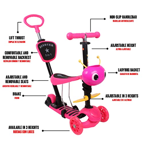 Calma Dragon JC210, Patinete para Niños, Scooter con 3 Ruedas, 5 en 1, con Asiento extraíble, Manillar, Mango de Empuje, Altura Ajustable, Monopatín para niños de 1 a 9 años (Rosa)