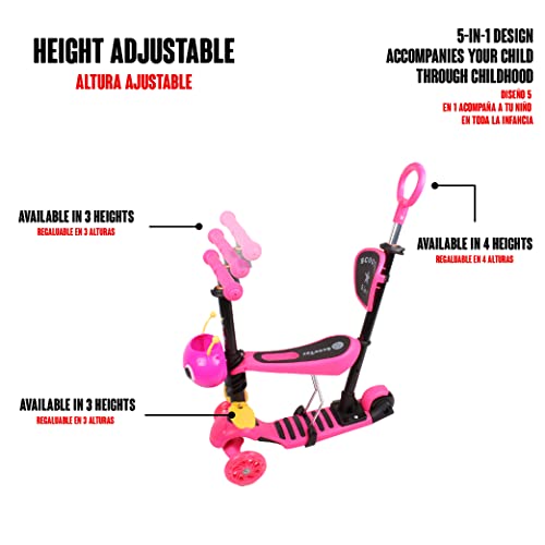 Calma Dragon JC210, Patinete para Niños, Scooter con 3 Ruedas, 5 en 1, con Asiento extraíble, Manillar, Mango de Empuje, Altura Ajustable, Monopatín para niños de 1 a 9 años (Rosa)
