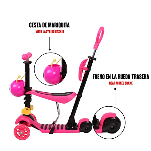 Calma Dragon JC210, Patinete para Niños, Scooter con 3 Ruedas, 5 en 1, con Asiento extraíble, Manillar, Mango de Empuje, Altura Ajustable, Monopatín para niños de 1 a 9 años (Rosa)