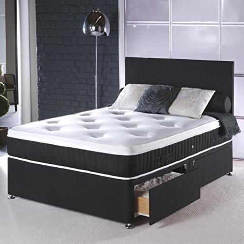 Cama diván con 2000 muelles encapsulados, acolchado individual, 2 cajones y cabecera, negro, 3 pies