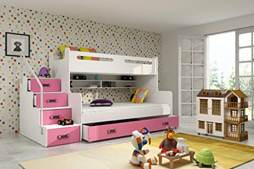 Cama litera triple MAX 3 (para tres niños) 200x80 y 200x120m , COLOR BLANCO - rosa , todo includo! PRECIO MAS BAJO!…