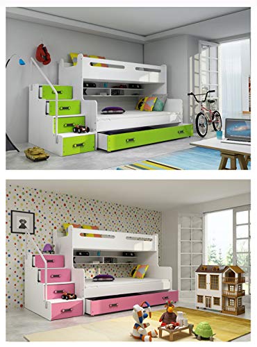 Cama litera triple MAX 3 (para tres niños) 200x80 y 200x120m , COLOR BLANCO - rosa , todo includo! PRECIO MAS BAJO!…