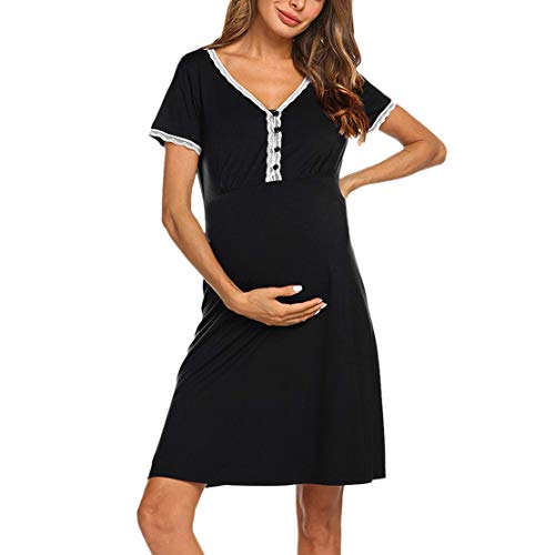 Camisón Lactancia Pijama Embarazada Algodón Ropa para Dormir Premamá Manga Corta Verano Camison Maternidad para Parto Camisones/L