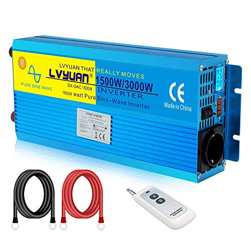 Cantonape Inversor de Corriente Onda Pura 1500W 3000W CC 12V a CA 230V con Control Remoto inalámbrico Y Toma de CA para RV Truck Car…