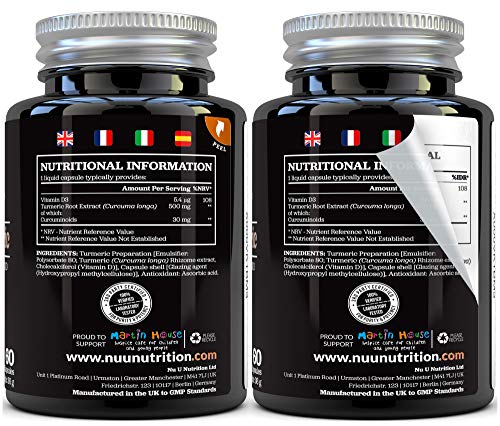 Cápsulas de Cúrcuma Curcumina (Líquidas) con Vitamina D | 185 Veces Más Biodisponibilidad Curcumina NovaSOL® | Curcuma Curcumina Líquida Vegetariana de Calidad Superior de Alta Potencia