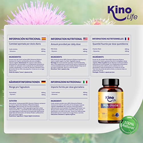 CARDO MARIANO 120 cápsulas | La Dosis Más Alta: 600 mg por cápsula vegana | Extracto 80% de Silimarina | Sin estearato magnesio | Detox + Hígado y Vesícula | Facilita Digestión | Milk Thistle