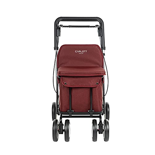 Carlett Carro de la Compra 4 Ruedas con Asiento | Lett800 Senior Comfort | Carrito Andador Plegable con Bolsa Extraíble 29L/15kg y Bandeja Portaobjetos, Rojo