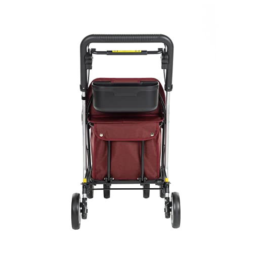 Carlett Carro de la Compra 4 Ruedas con Asiento | Lett800 Senior Comfort | Carrito Andador Plegable con Bolsa Extraíble 29L/15kg y Bandeja Portaobjetos, Rojo