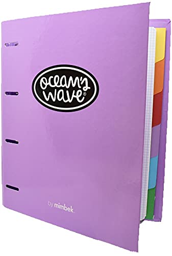 Carpeta de Cartón con 4 Anillas A4 - Grosor de 40 mm y Color Lila Pastel - Incluye 100 Hojas de Recambios de 90 Gramos - Hojas con Cuadrícula 4x4 con Margen - Separadores de 6 Colores - Ocean’s Wave