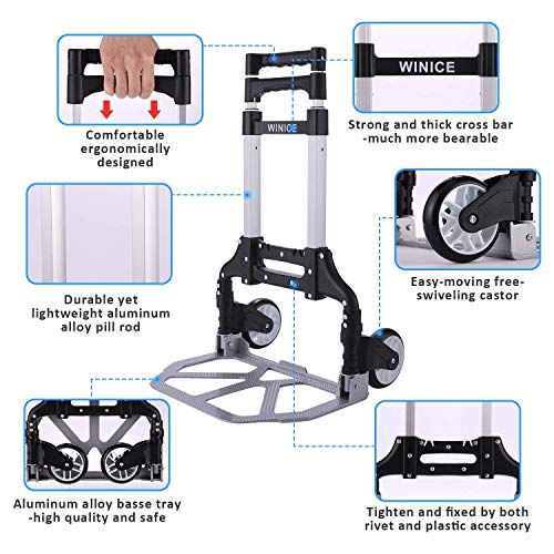 Carro portátil plegable de aluminio resistente de la carretilla del transporte del carro de mano, capacidad de carga de 150 libras, manija telescópica ajustable para el equipaje de viaje oficina