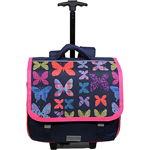 Cartable à roulettes 38 cm Phileas Papillons violet - LE PLUS CONFORTABLE DES CARTABLES - Ergonomie/Confort/Sécurité - Système Smart Comfort Bagtrotter