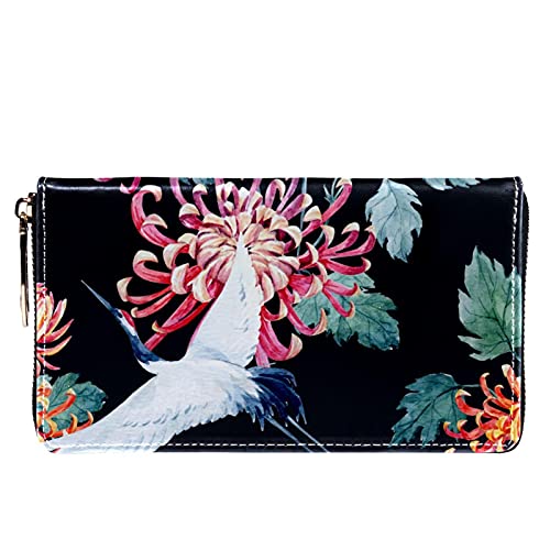 Cartera con cremallera y embrague para teléfono para mujer, crisantemo de grúa blanca china, bolso de viaje, bolso de embrague de cuero, titular de la tarjeta, organizador de muñecas, carteras