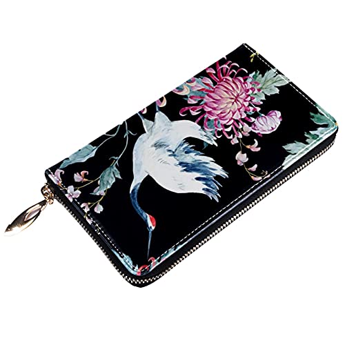 Cartera con cremallera y embrague para teléfono para mujer, crisantemo de grúa blanca china, bolso de viaje, bolso de embrague de cuero, titular de la tarjeta, organizador de muñecas, carteras