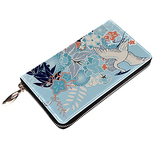 Cartera con cremallera y embrague para teléfono para mujer, diseño de flores de grúa, bolsa de cuero de embrague para tarjetas, organizador de pulseras