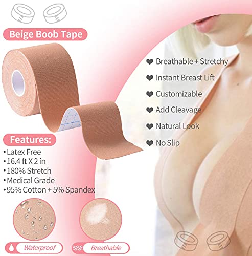 CARYWON Cinta Adhesiva Pecho, Mujer Sujetador Push up, Premium Cinta Adhesiva para Pechos Grandes con Efecto Sujetador Invisible + 10 Pezoneras Adhesivas, Reutilizable para Copa A-E
