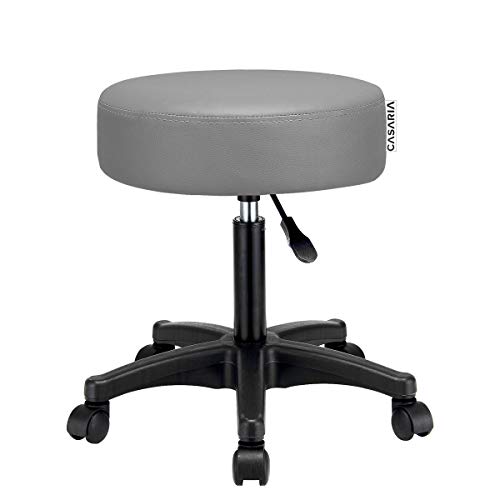 Casaria Taburete Giratorio con 5 Ruedas Gris 56x56cm Asiento de Cuero sintético y Altura Regulable