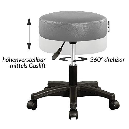 Casaria Taburete Giratorio con 5 Ruedas Gris 56x56cm Asiento de Cuero sintético y Altura Regulable