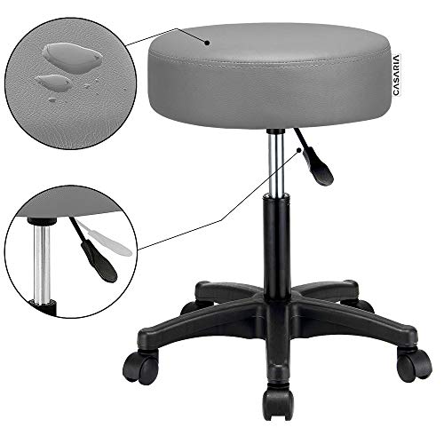 Casaria Taburete Giratorio con 5 Ruedas Gris 56x56cm Asiento de Cuero sintético y Altura Regulable