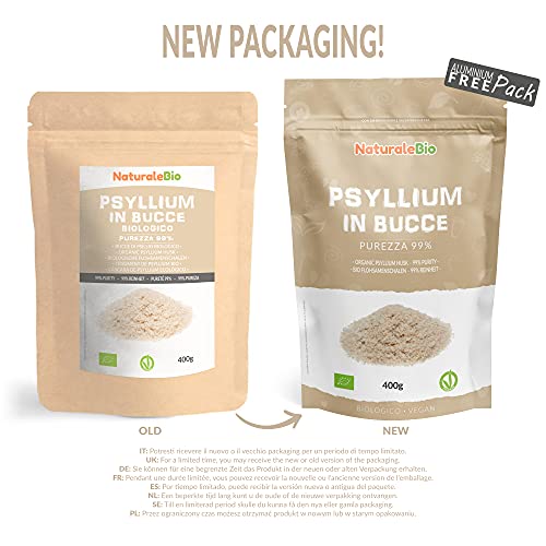 Cáscara de Psyllium Ecológico - 99% Pureza - 400g. Psyllium Husk, Natural y Puro. Cutícula de semillas de Psilio Orgánico, producido en India. Rico en Fibra, para añadir al Agua, Bebidas y Zumos.