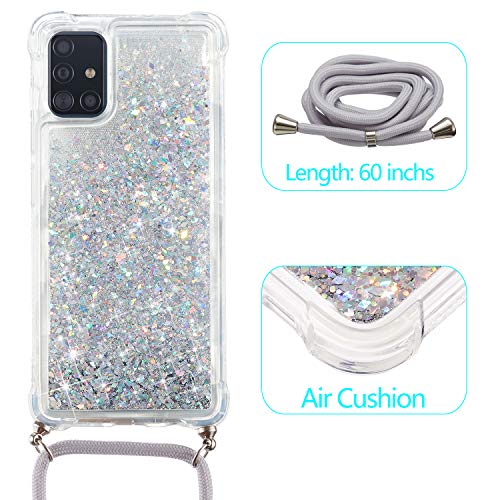 Caselover Funda para Samsung Galaxy A71, Carcasa Glitter Arena Movediza Transparente Silicona Case con Cuerda para Samsung Galaxy A71 Colgar Ajustable Collar Correa de Cuello Cordón Fundas, Argén