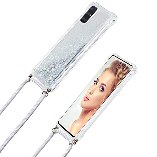 Caselover Funda para Samsung Galaxy A71, Carcasa Glitter Arena Movediza Transparente Silicona Case con Cuerda para Samsung Galaxy A71 Colgar Ajustable Collar Correa de Cuello Cordón Fundas, Argén