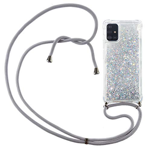 Caselover Funda para Samsung Galaxy A71, Carcasa Glitter Arena Movediza Transparente Silicona Case con Cuerda para Samsung Galaxy A71 Colgar Ajustable Collar Correa de Cuello Cordón Fundas, Argén