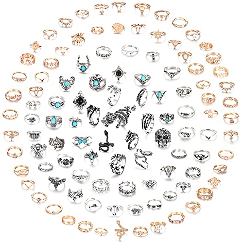 CASSIECA 108 Pcs Midi Anillo Bohemio Knuckle Ring Sets para Mujeres Hombre Moda Dedo Nudillo Anillos Apilables Punk Anillo Gótico Dragon Serpiente Calavera Pulpo Apertura Lobo Anillo Dedo Medio
