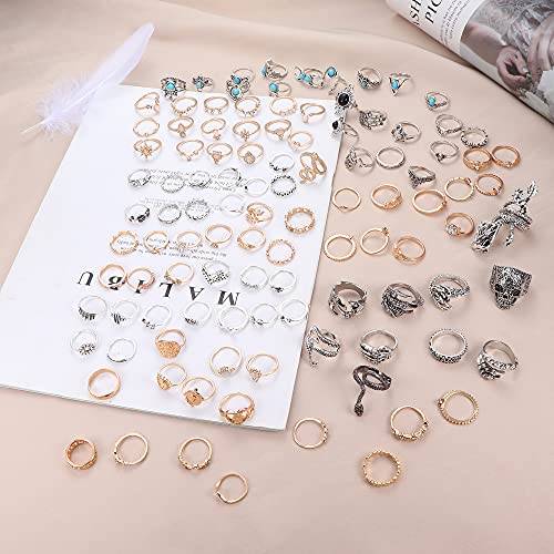 CASSIECA 108 Pcs Midi Anillo Bohemio Knuckle Ring Sets para Mujeres Hombre Moda Dedo Nudillo Anillos Apilables Punk Anillo Gótico Dragon Serpiente Calavera Pulpo Apertura Lobo Anillo Dedo Medio