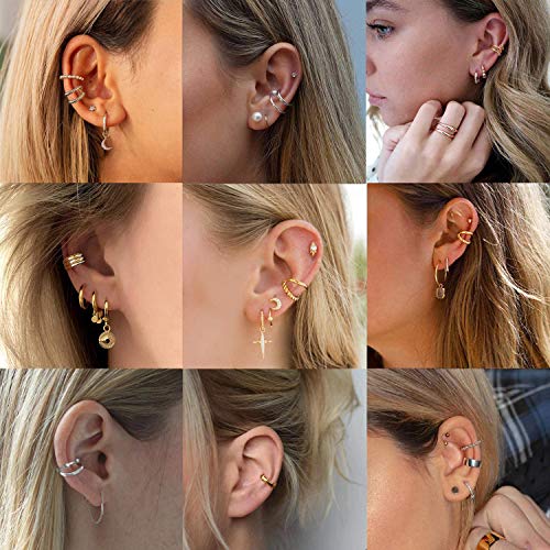 CASSIECA 12Pcs Clips de Oreja Puño de Oreja Clip sin Perforación Pendientes de Cartílago para Hombres y Mujeres No Piercing Pendientes Aro de Oreja sin Perforación Puños de Oreja Clips de Cartílago