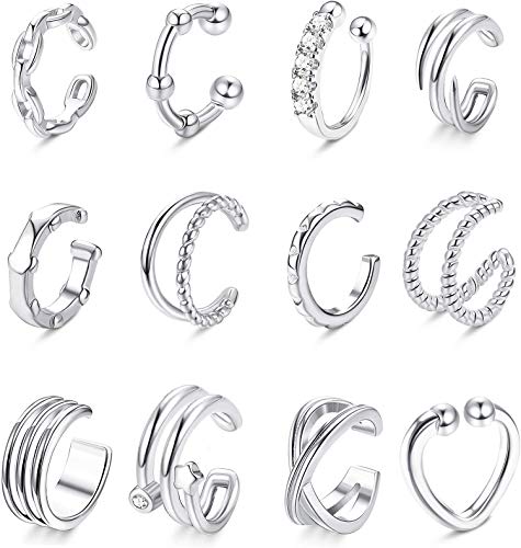 CASSIECA 12Pcs Clips de Oreja Puño de Oreja Clip sin Perforación Pendientes de Cartílago para Hombres y Mujeres No Piercing Pendientes Aro de Oreja sin Perforación Puños de Oreja Clips de Cartílago
