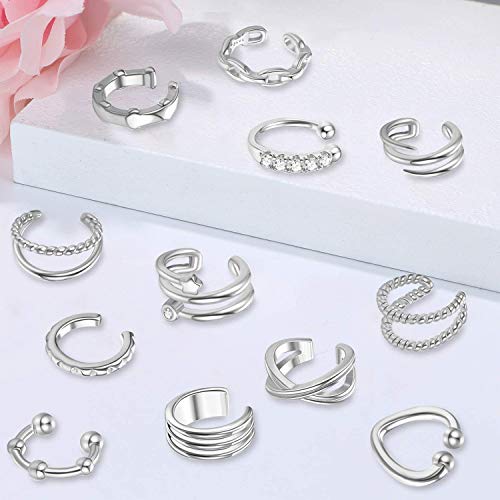 CASSIECA 12Pcs Clips de Oreja Puño de Oreja Clip sin Perforación Pendientes de Cartílago para Hombres y Mujeres No Piercing Pendientes Aro de Oreja sin Perforación Puños de Oreja Clips de Cartílago
