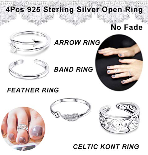 CASSIECA 4 Pcs Anillo del Dedo del Pie en Plata de Ley 925 para Mujer Niñas Ajustable Anillo Abierto Anillo Midi Anillo Celta Anillo Pluma Anillo en Plata Pie Joyería Aniversario Regalos para Mujer