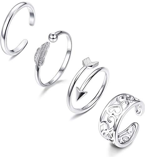 CASSIECA 4 Pcs Anillo del Dedo del Pie en Plata de Ley 925 para Mujer Niñas Ajustable Anillo Abierto Anillo Midi Anillo Celta Anillo Pluma Anillo en Plata Pie Joyería Aniversario Regalos para Mujer