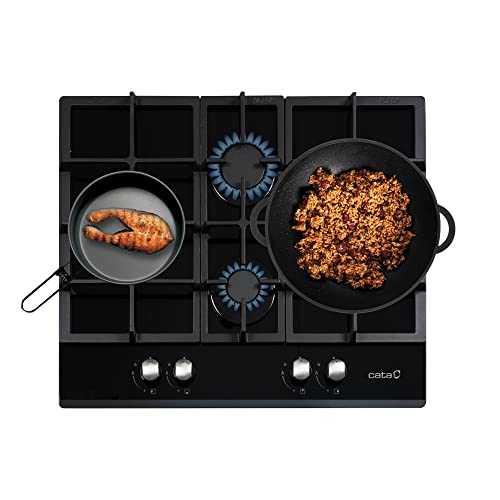 Cata | Placa Cristal Gas | Modelo LCIB 6031 BK | 4 Quemadores de gas | Encimera de Gas Butano | Ancho de 64 cm | Color Negro
