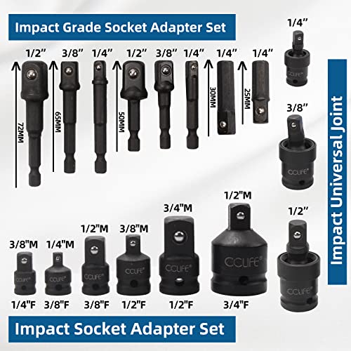 CCLIFE Juego de 17 piezas Adaptador Llave de Impacto Adaptadores para Llaves de Vaso1/4' 3/8' 1/2' 3/4'Junta Universal Impacto